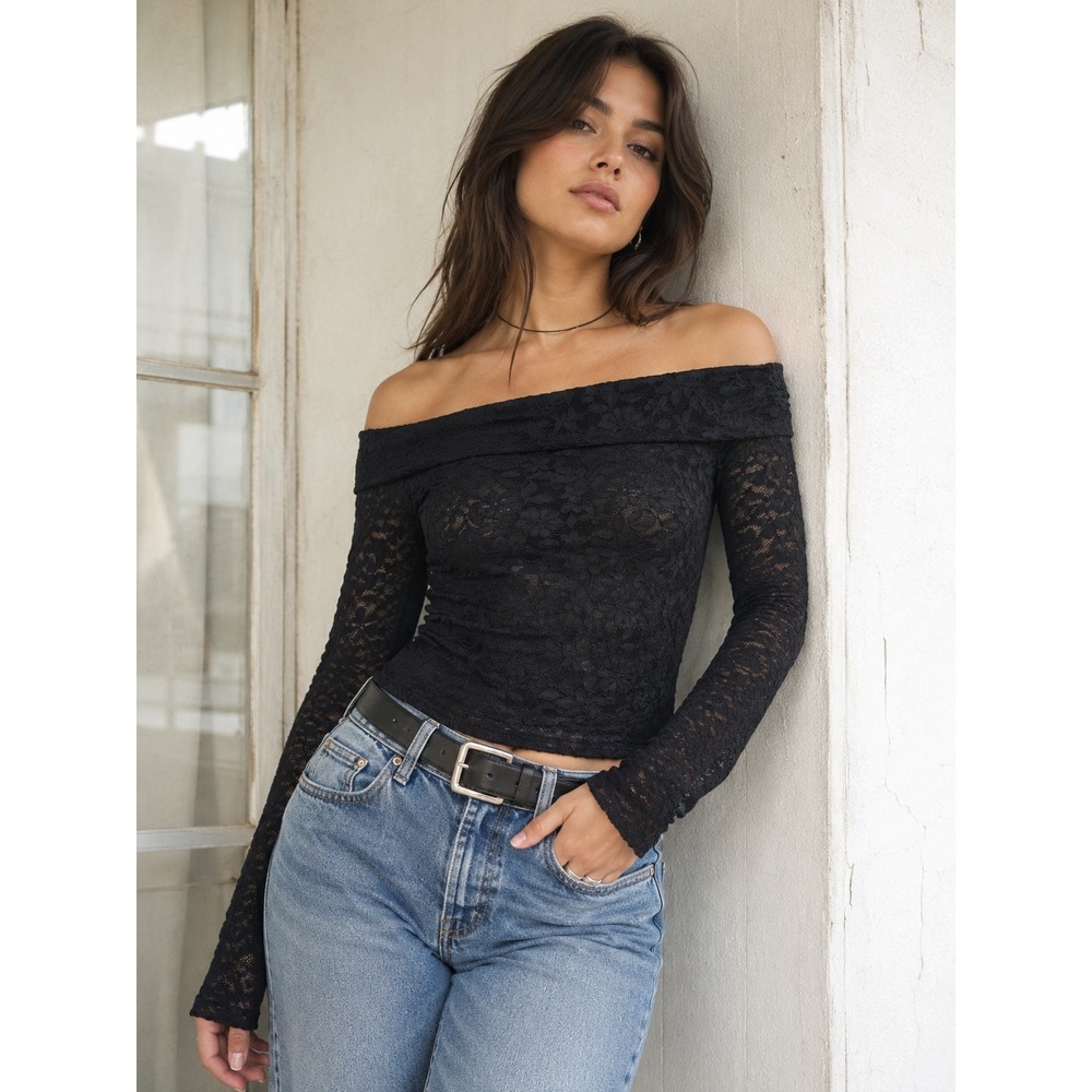 Hollister Black Floral Lace Off The Shoulder Long Sleeve Top XS Bardot Slim‎ Fit